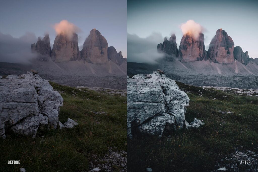 Immagine divisa a metà delle Tre Cime di Lavaredo nelle Dolomiti. La metà sinistra mostra la foto prima dell'applicazione del preset Lightroom, con colori spenti e bassa luminosità. La metà destra mostra la foto dopo l'applicazione del preset Lightroom, con colori vivaci, alto contrasto e maggiore luminosità. Preset Lightroom before and after photo editing di un paesaggio montano.