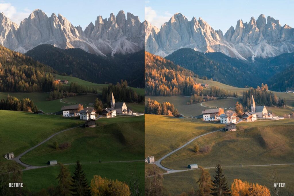 Immagine divisa a metà di un paesaggio alpino. La metà sinistra mostra il paesaggio prima dell'applicazione del preset Lightroom, con colori spenti e illuminazione meno intensa. La metà destra mostra il paesaggio dopo l'applicazione del preset Lightroom, con colori vivaci, contrasto migliorato e illuminazione più calda e dettagliata. Preset Lightroom before and after photo editing di un paesaggio montano.